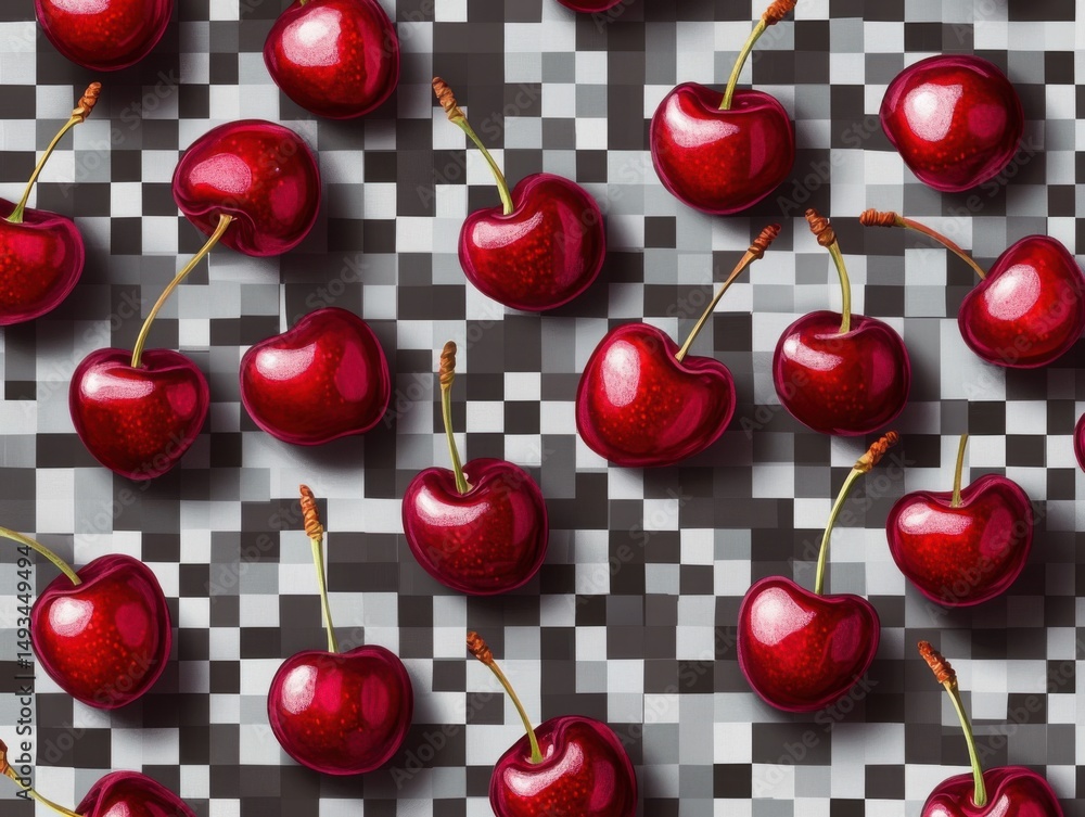 Poster pattern of fresh ripe red cherries on a checkered background top-down view artistic rendering for fo