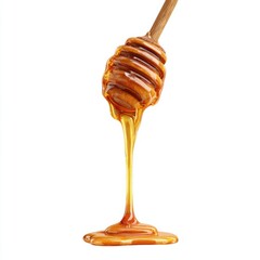 Dripping honey from wooden dipper on white background studio shot close up golden sweet liquid flowing