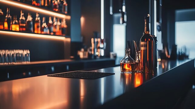 Modern bar interior, illuminated liquor bottles