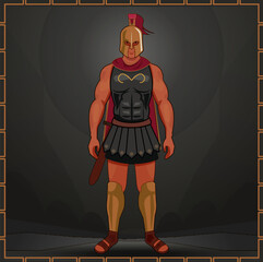 Stylized vector image of an armed Spartan warrior in armor. Simple flat graphics, the character is a man with a sword
