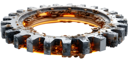 A glowing 3D gear icon with metallic textures, representing machinery and precision, displayed on white --ar 16:9 --v 7.0 --s 750