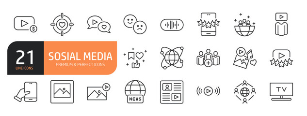 Set of line icons related to social media, network, message, like, comment, send and more. Outline icons collection. Editable stroke. Vector illustration.