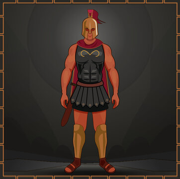 Stylized vector image of an armed Spartan warrior in armor. Simple flat graphics, the character is a man with a sword
