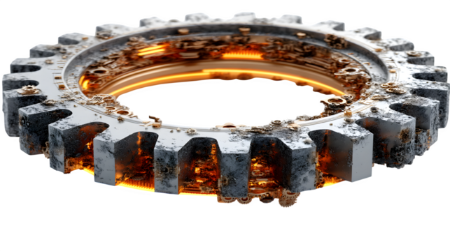 A glowing 3D gear icon with metallic textures, representing machinery and precision, displayed on white --ar 16:9 --v 7.0 --s 750