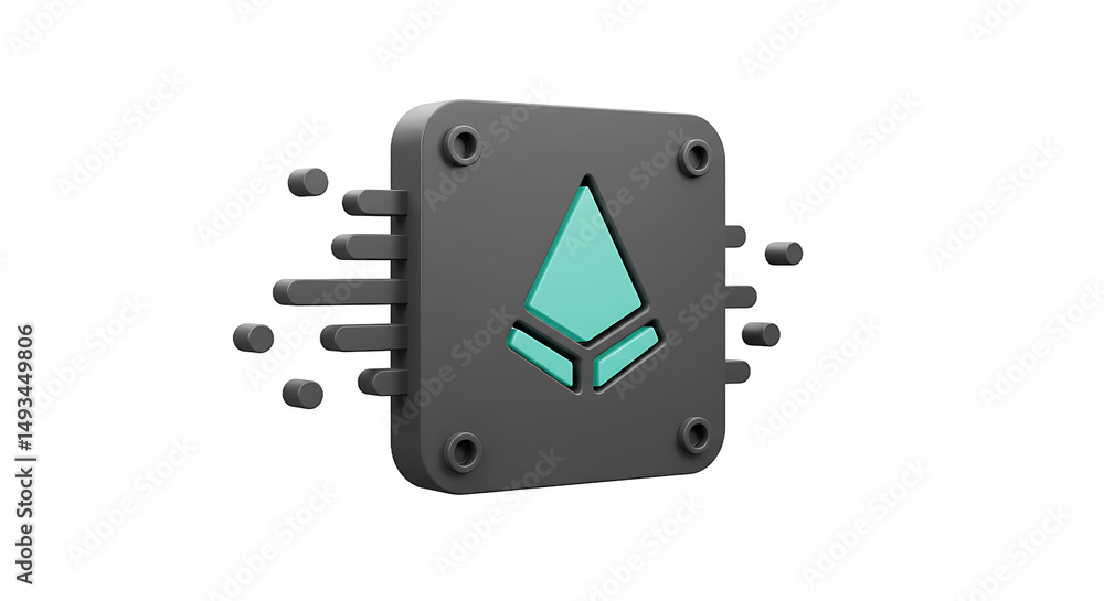 Fototapete A stylized rendering of a gray computer chip with a teal logo on a black background design element