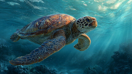 Fototapeta premium sea turtle diving into depths