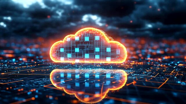 A glowing digital cloud hovers above a reflective, interconnected circuit-like surface, bright squares embedded