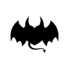 Heart with devil horns, tail and wings. Vector illustration and black silhouette.