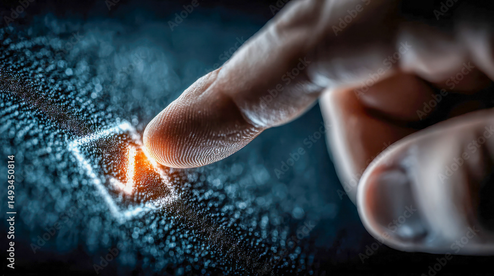 Poster close-up of a finger pressing a digital glowing checkmark button, symbolizing validation or approval
