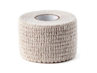 Close-up of a roll of beige cohesive bandage.