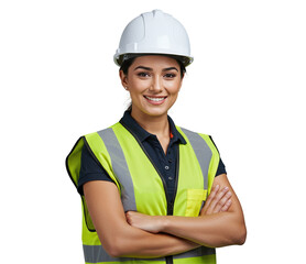 Smiling female construction worker with her arms crossed.	