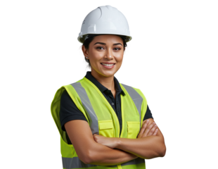 Smiling female construction worker with her arms crossed.	