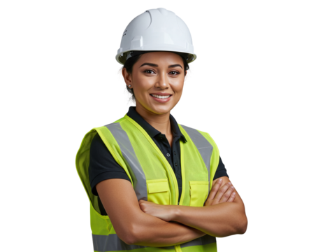 Smiling female construction worker with her arms crossed.	
