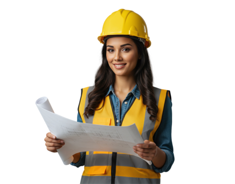 Female construction worker holding blueprints and smiling.