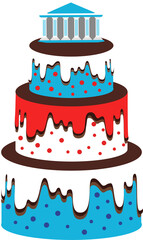 Whimsical cake with a Greek temple design in the colors of the Greek flag