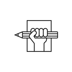 Hand holding a pencil. Vector icon. A raised hand clenches a large pencil in a fist. Illustration and drawing on white background.