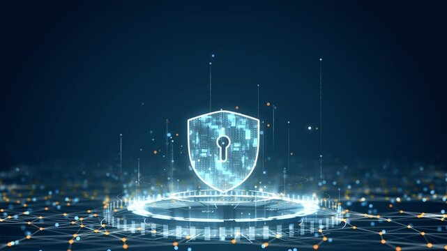 Futuristic shield animation with glowing lines and digital protection effects