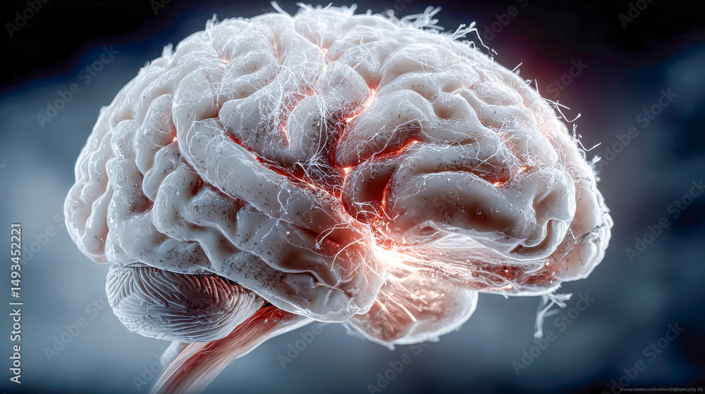 Poster futuristic concept of a glowing brain fused with microchips and neural circuits, symbolizing artific