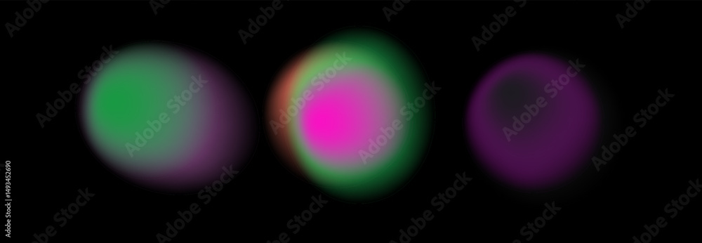 Poster Vector illustration features colorful aura gradient blobs with soft neon glow, on a black background. Trendy holographic gradient style is widely popular for modern 2025 designs.