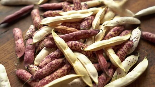 Rustic Display Of Scarlet Runner Beans On Wooden Surface