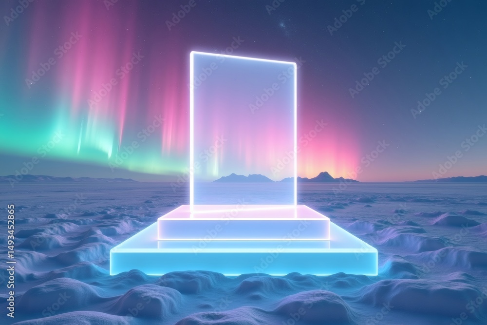 Poster abstract illuminated podium stage with aurora borealis backdrop creating a futuristic aesthetic for 
