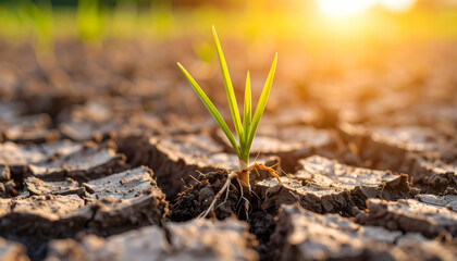 Resilient Sprout: A single, tenacious sprout pushes through cracked, dry earth, reaching for the sunlight, symbolizing hope, perseverance, and the strength of nature.