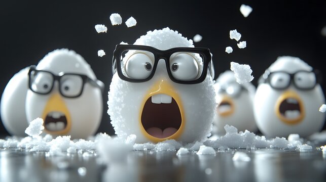 Animated eggs in a comical snowstorm.