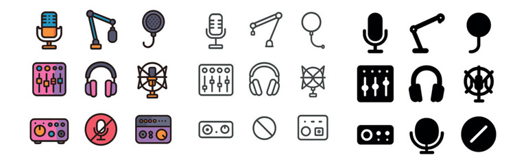 Audio equipment icon collection: silhouette, linear, flat styles for sound and music tech
