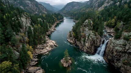 Fototapeta premium Aerial view of winding river feeding into a hydroelectric dam with powerful water flow and surrounding forested terrain representing sustainable hydropower