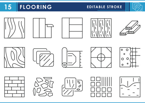 A set of line icons related to Flooring. Carpet, rug, stones, tile, and so on. Vector editable stroke.