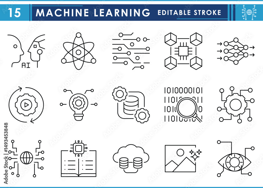 Poster a set of line icons related to machine learning. machine, artificial intelligence, automation, digit