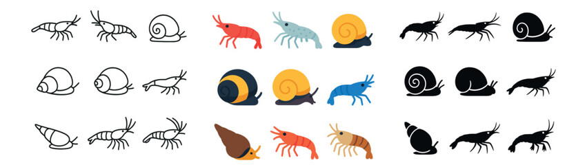 Naklejka premium Sea creatures icon collection: silhouette, linear, flat styles marine design