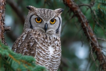 Fototapeta premium Owl portrait featuring prominent yellow eyes and striking feather patterns perched among coniferous tree branches within a natural habitat