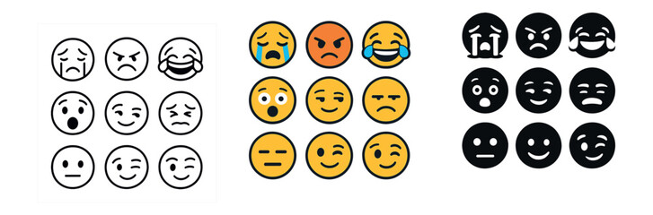 Fototapeta premium Emoji face icon collection: silhouette, linear, flat styles. emoticon set for messaging