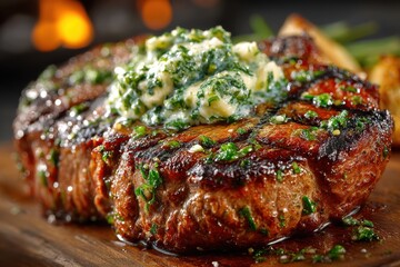 Juicy grilled beef steak topped with herb butter served on a wooden board, medium rare, delicious flavor, food presentation