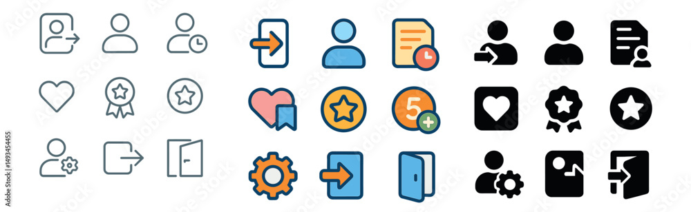 Poster user interface and interaction icon collection in silhouette, linear, and flat styles