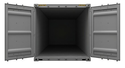 Open Shipping Container Interior with Doors Ajar, Isolated on White Background.