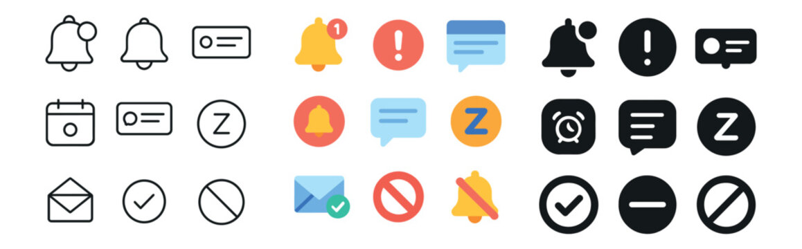 Notification and alert icon collection in silhouette, linear and flat styles for apps