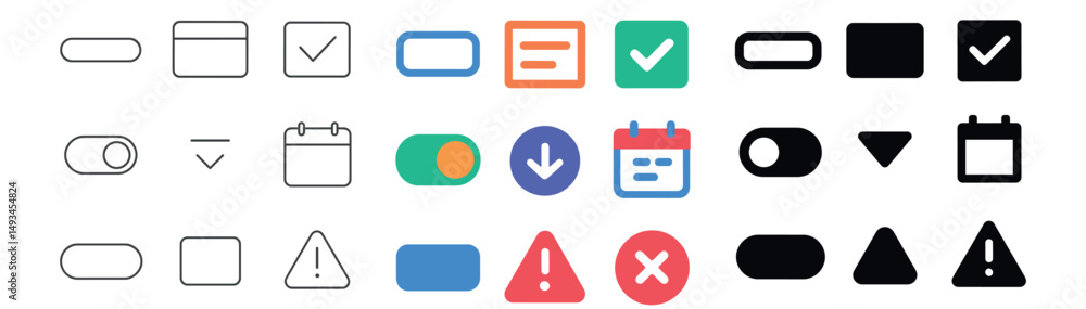 Poster user interface icon collection: silhouette, linear, and flat styles for ui/ux design