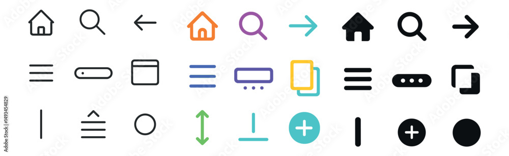 Poster interface icon collection: silhouette, linear, and flat styles for ui design and navigation