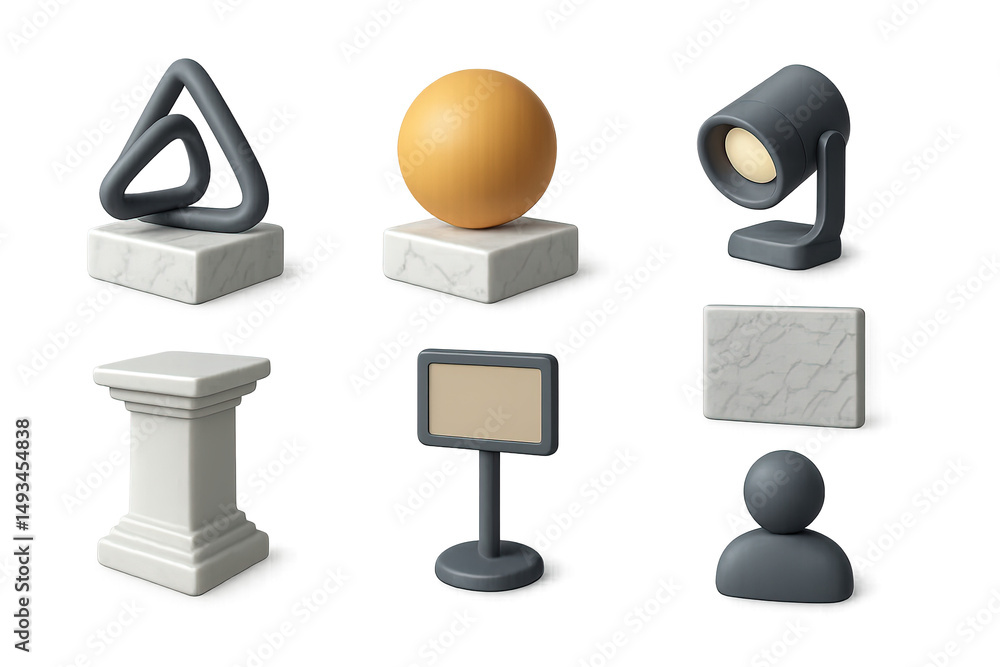 Poster architecture and design icons set – 3d, geometric, building and structure symbols