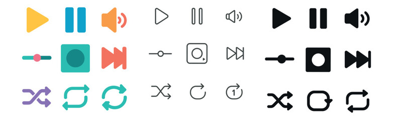 Media player control icon collection: silhouette, linear, and flat styles for interface design
