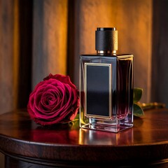 black perfume bottle mockup design with roses on the side