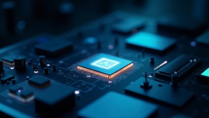 Glowing Microchip On Circuit Board