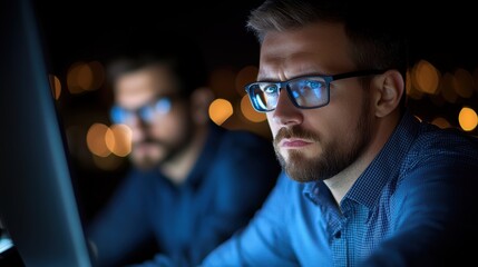 A focused young man in glasses works intently at a computer in a dimly lit environment, illuminated by soft bokeh lights, perfect for themes of productivity, technology, or late-night work,