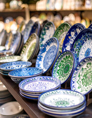 Traditional ceramic plates with their distinctive blue and green designs are displayed, showcasing local pottery.