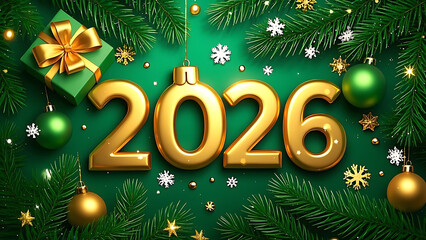 Elegant 2026 New Year Background with Gold Numbers and Gift Box, Teal Green 2026 New Year Poster, Welcome 2026 – New Years Eve