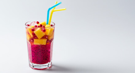 Colorful tropical fruit cocktail in glass with exotic fruits. Neutral background with copy space for design use.