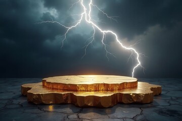 Golden podium stage illuminated under a dramatic lightning strike perfect for product showcasing and presentation in an epic atmosphere.