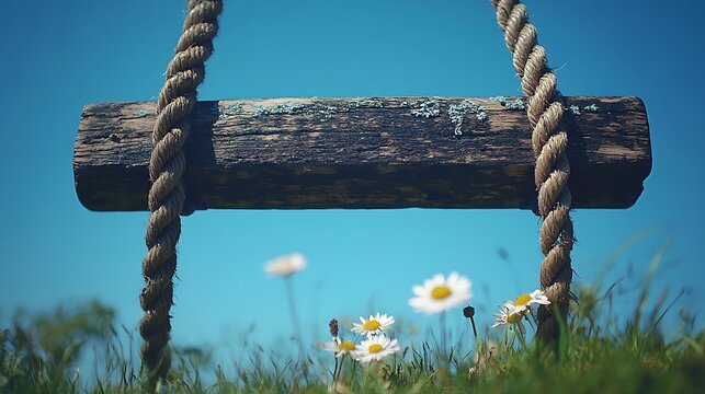 pull up bar with climbing ropes hanging, surrounded by green grass and a few wild daisies, clear blue sky background, left third framing, natural and calm vibe